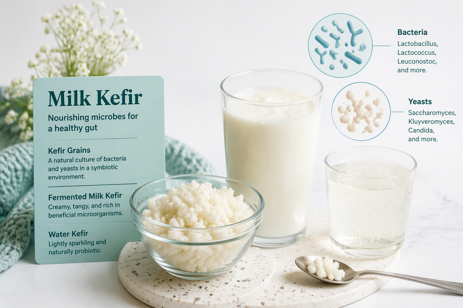 Kefir grains and milk kefir showing bacteria, yeasts, and fermented probiotics