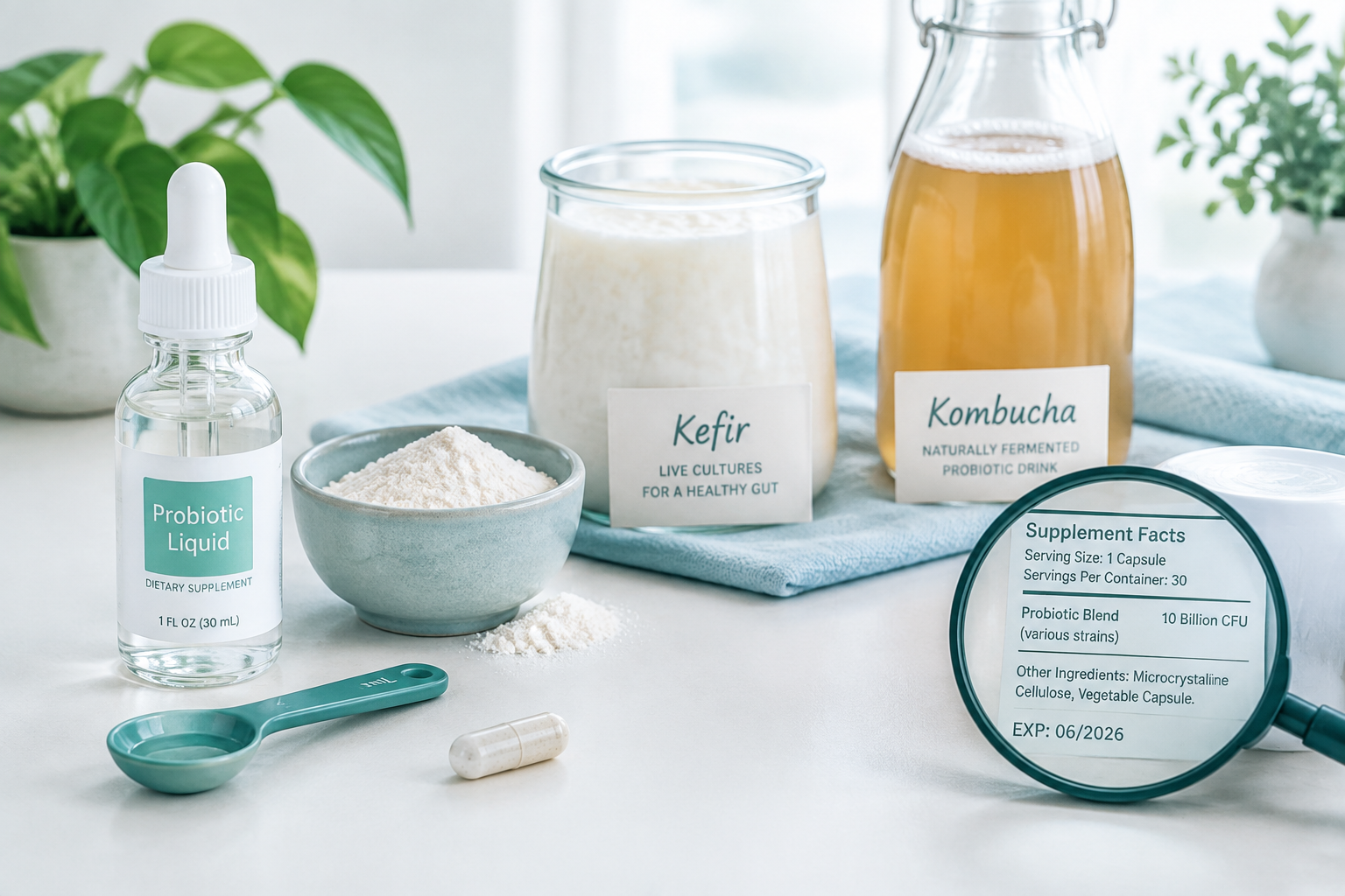Liquid probiotic drops compared with capsules, powder, kefir, and kombucha