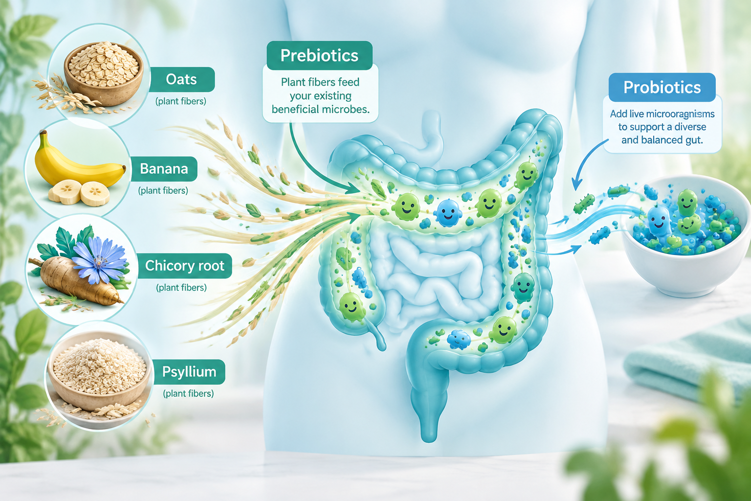 Prebiotic supplements delivering fibers to gut microbes in the colon