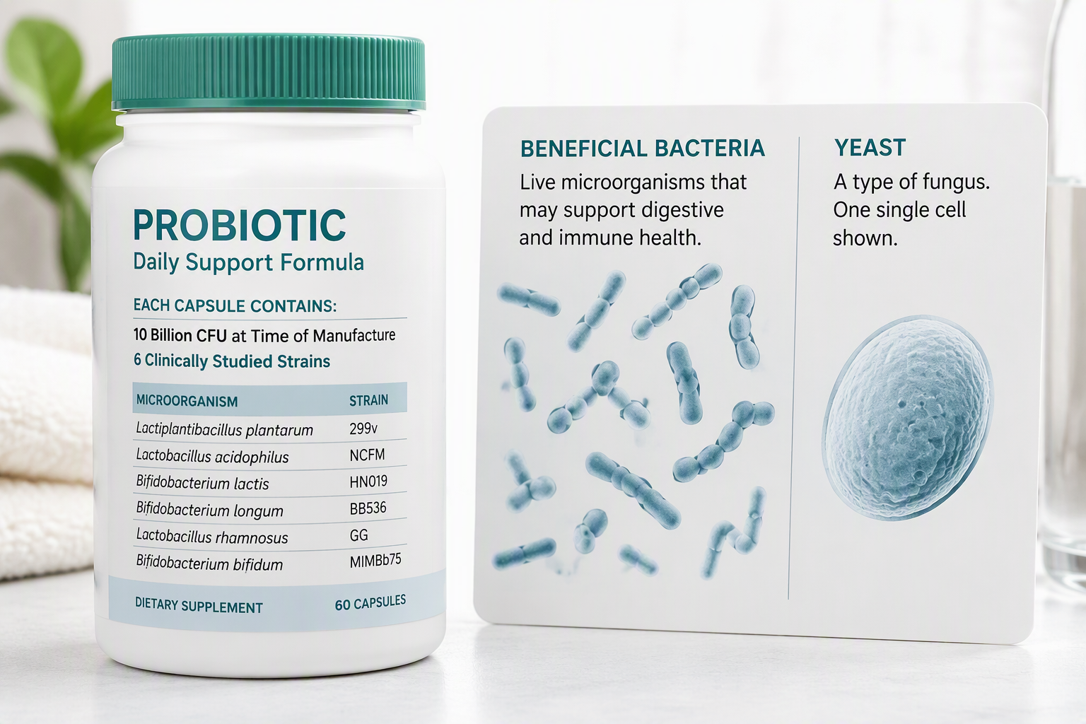 Probiotic strain label showing genus, species, and strain code for digestive health