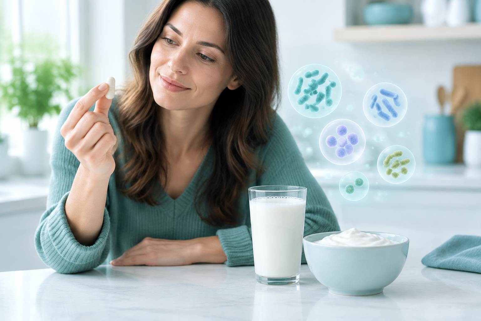 Probiotics for gut health shown with a capsule, kefir, yogurt, and a subtle microbiome visualization