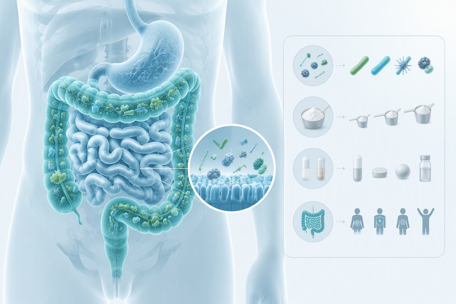 Illustration explaining probiotics, gut microbiome, strains, dose, and digestive health