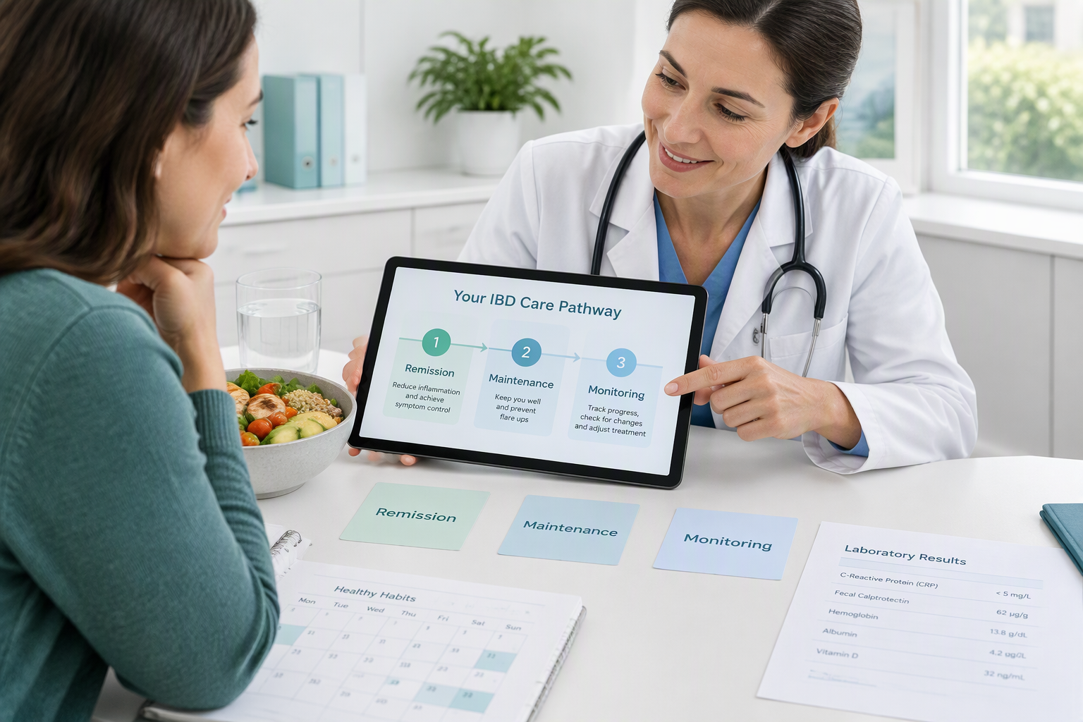 IBD treatment goals showing remission, maintenance, and inflammation monitoring