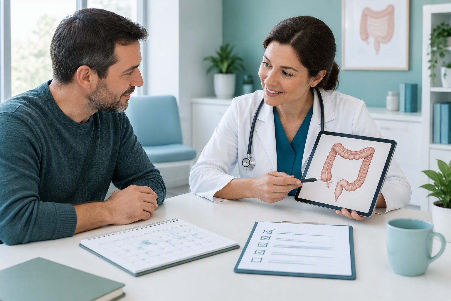 Patient and clinician reviewing long-term ulcerative colitis monitoring and surgery options