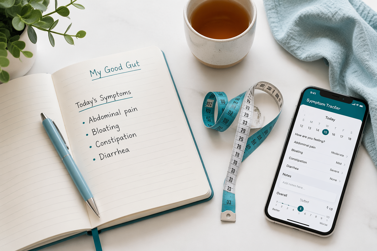 Flat lay symptom tracker and notebook listing common IBS symptoms in women