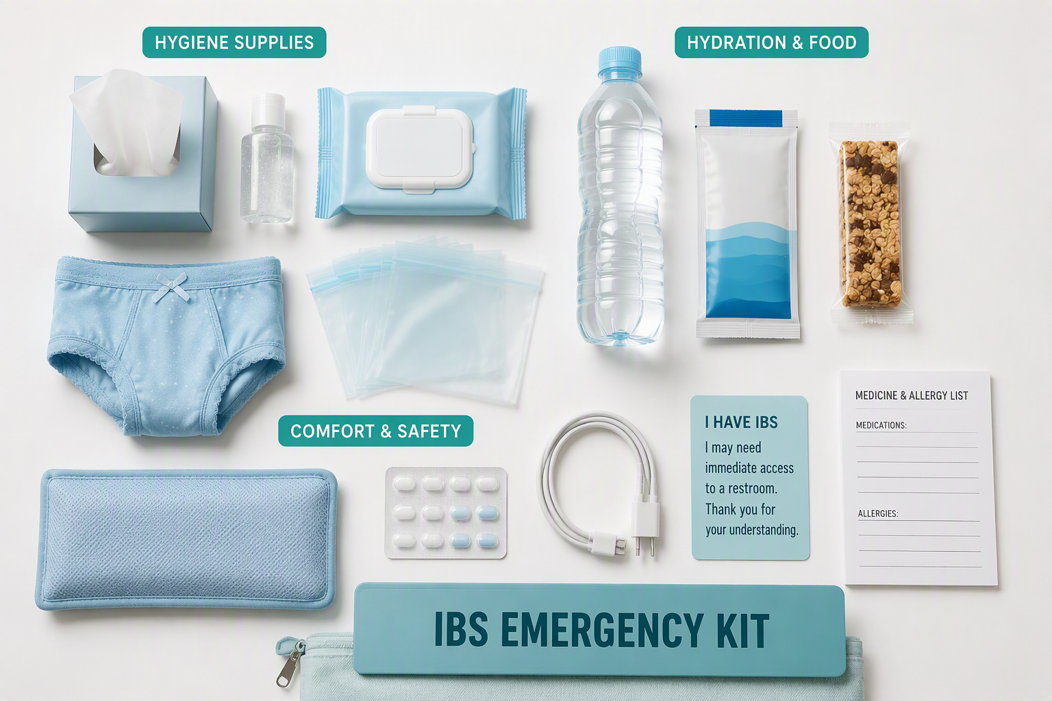 IBS emergency kit supplies for hygiene, clothing, hydration, food, and comfort