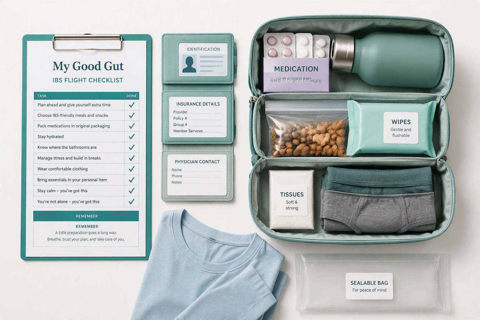 IBS flight checklist with medication, documents, water, snacks, and spare clothing