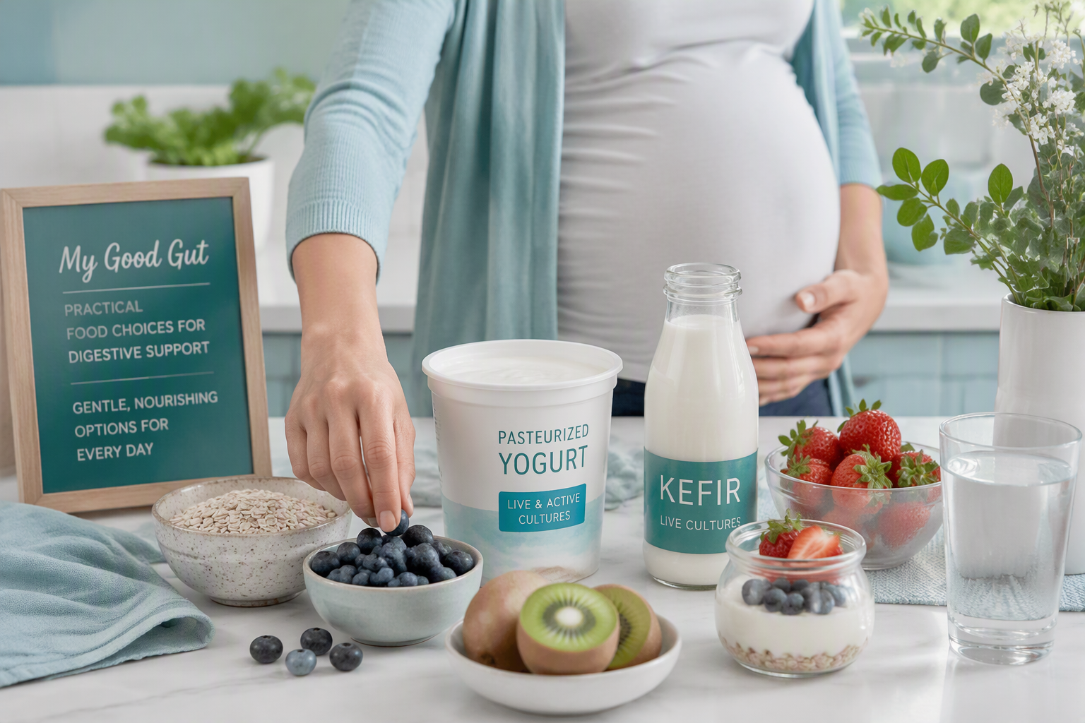 Pregnancy probiotics foods including yogurt, kefir, and fiber-rich ingredients