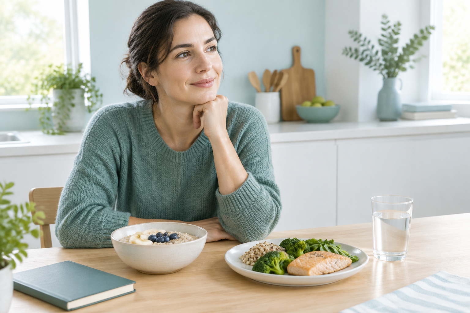 A gentle gastritis diet meal with oatmeal and water beside a food journal
