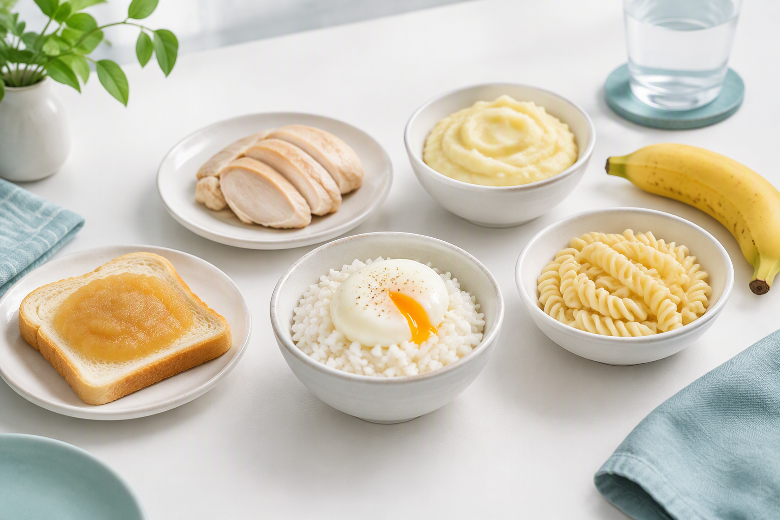 Low-fiber recovery meal for a diverticulitis diet with rice, toast, egg, and applesauce