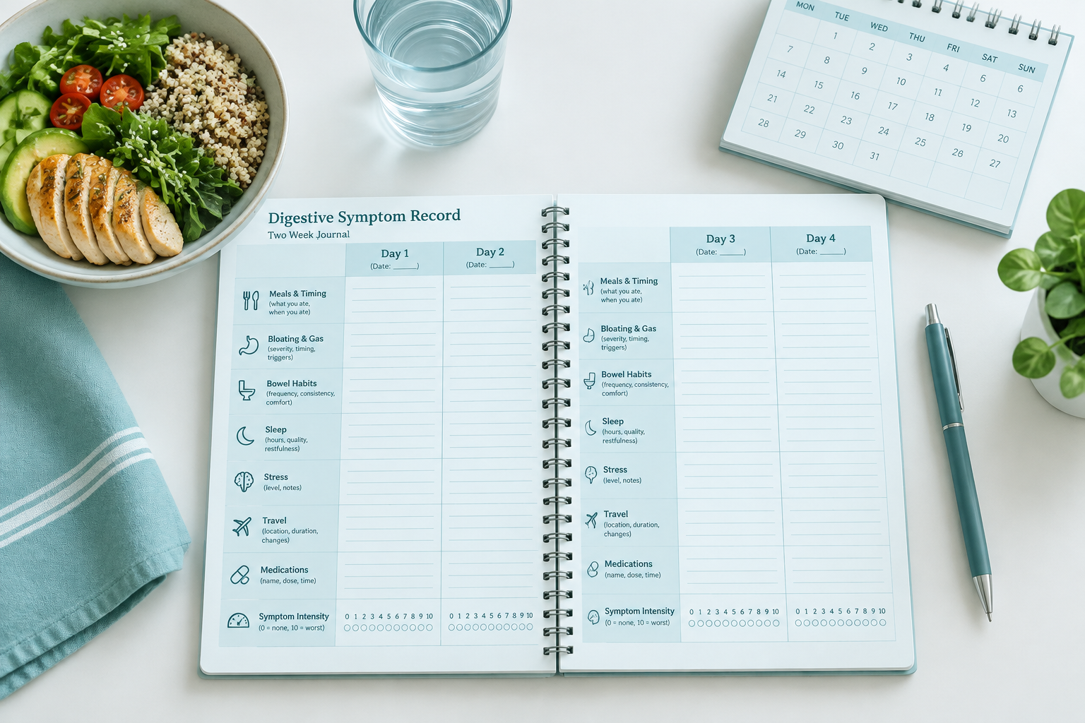 Two-week symptom record tracking meals, bowel habits, stress, and digestive symptoms