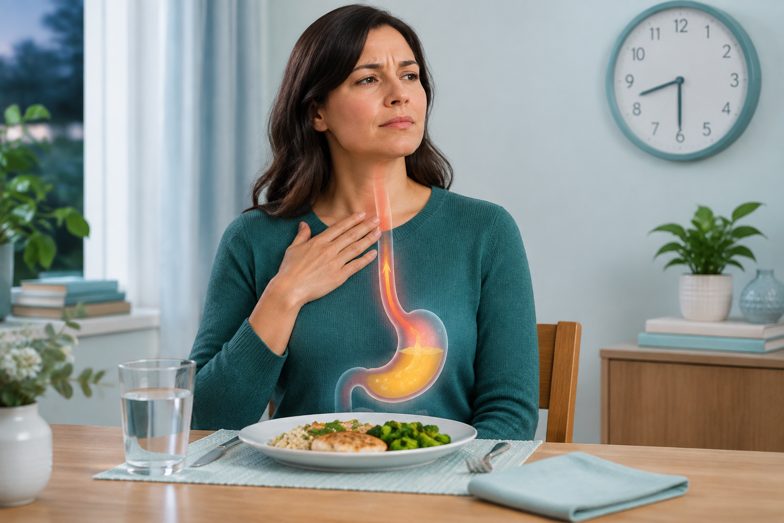 Reflux symptoms after a late meal with stomach contents moving into the esophagus