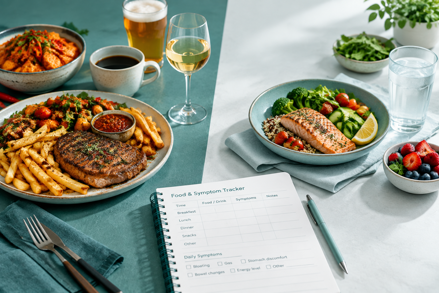 Meal size, caffeine, spicy foods, and alcohol that may intensify gastrocolic reflex symptoms
