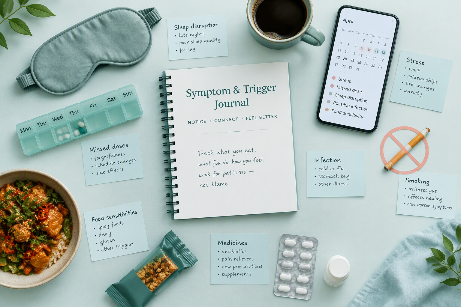 IBD flare triggers journal showing stress, missed doses, sleep, medicines, and food