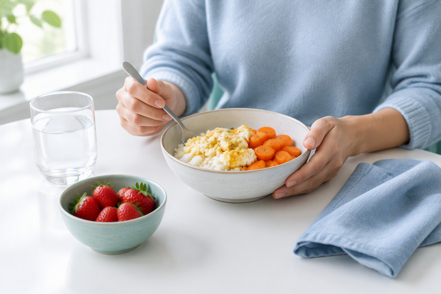 Gentle low FODMAP meal for an IBS flare with rice, egg, carrots, and strawberries