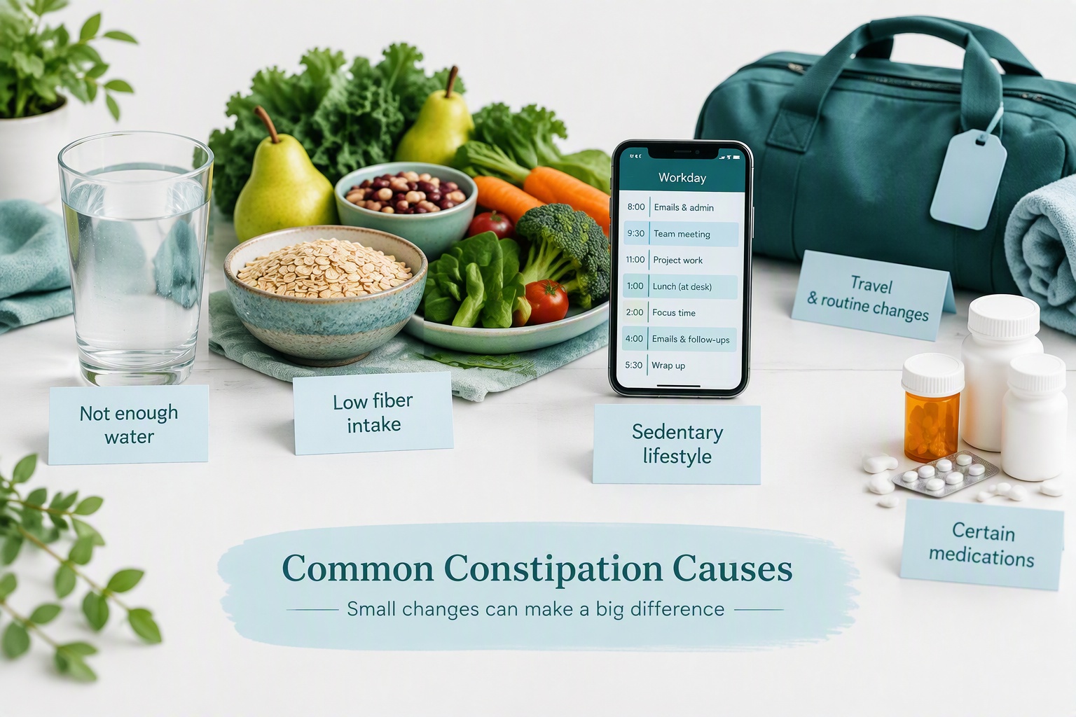 Common constipation causes including low fiber, dehydration, inactivity, travel, and medicines