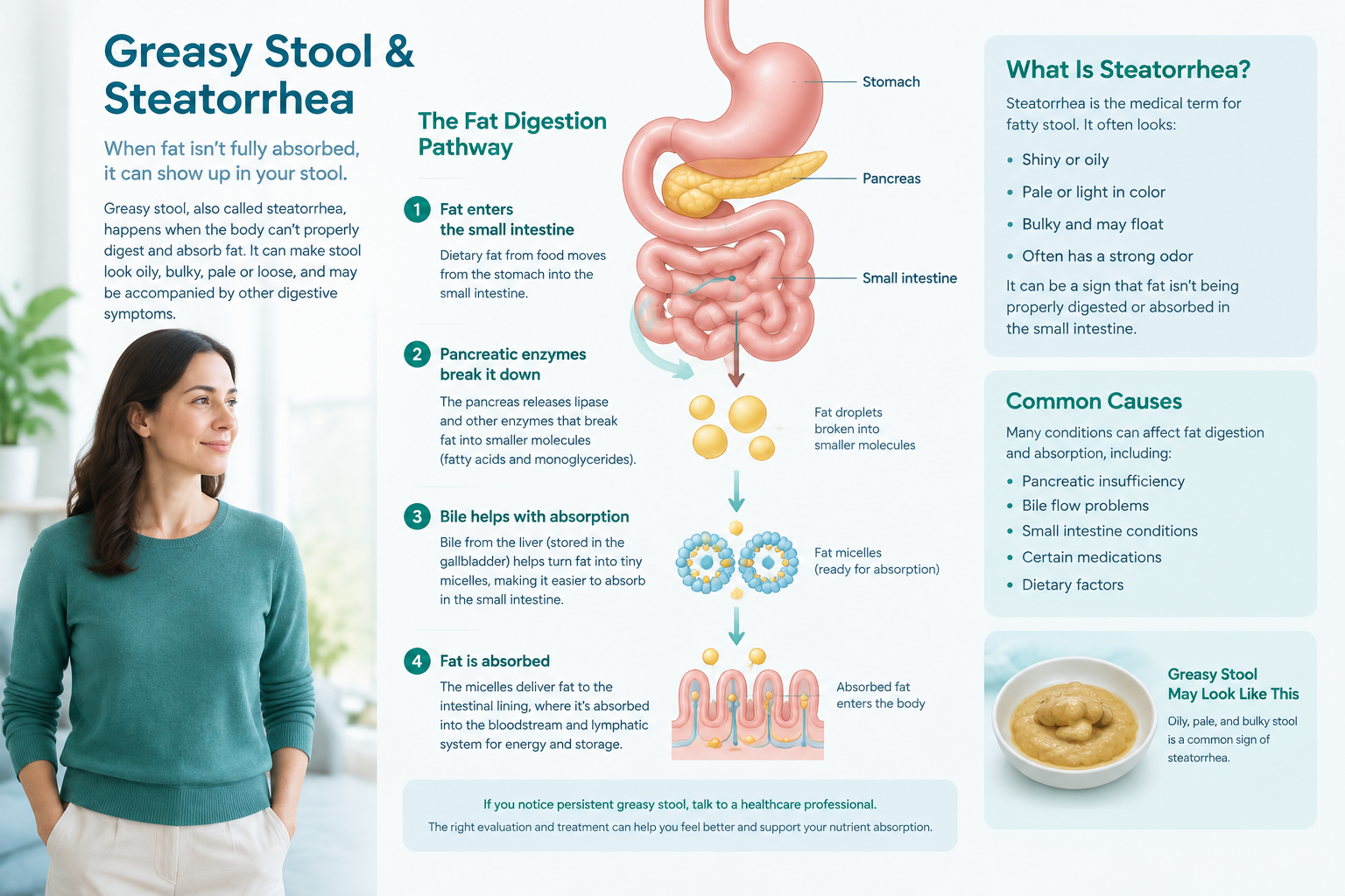 Greasy stool and steatorrhea linked to fat malabsorption and digestion