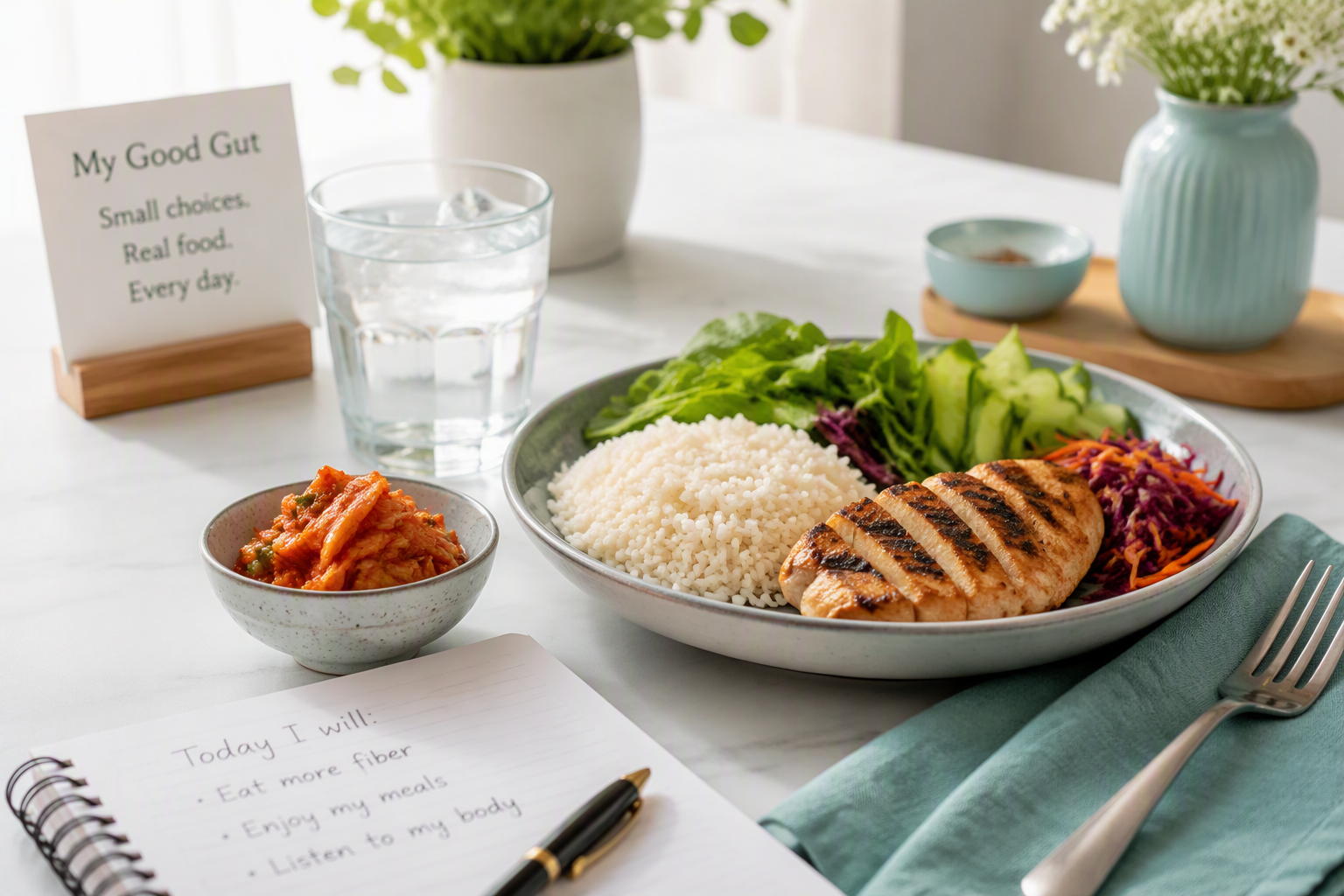 Small kimchi serving with vegetables and a balanced meal for digestive health