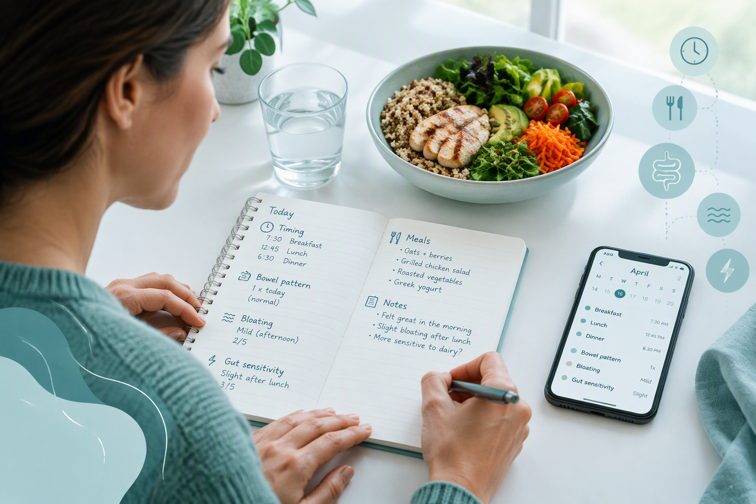 Tracking common digestive symptoms, meals, timing, and bowel patterns