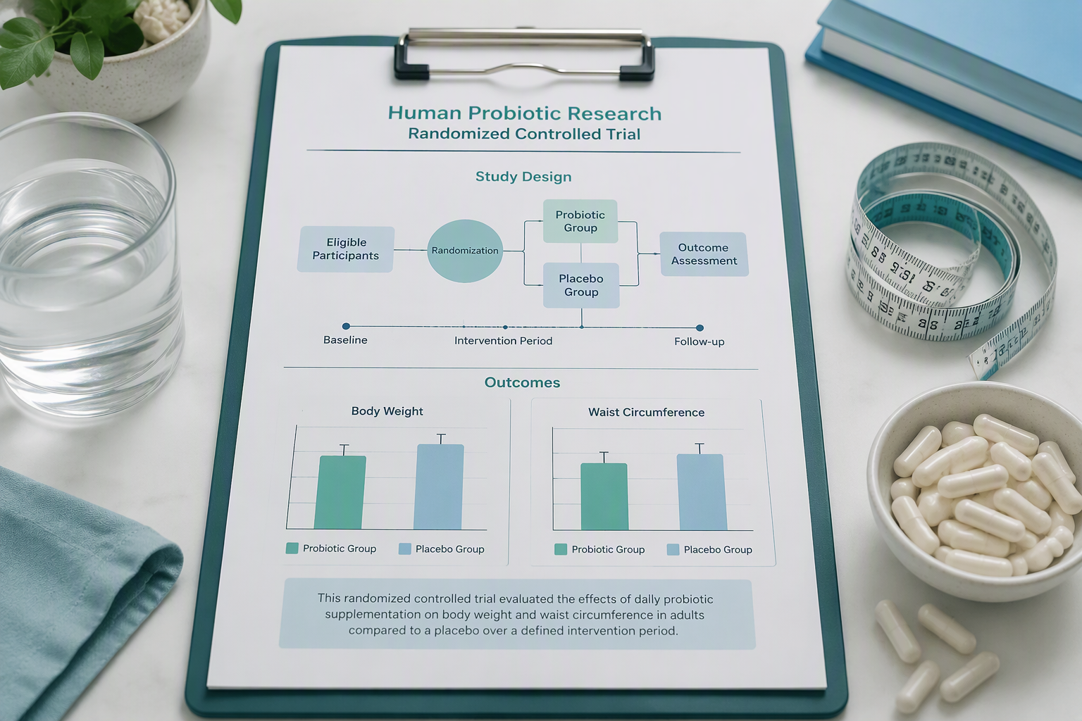 Human studies on probiotics, body weight, BMI, and waist circumference