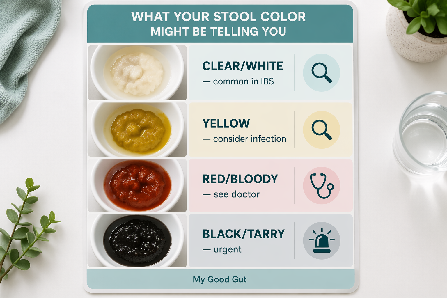 Color guide infographic for mucus in stool: clear, yellow, red, black meanings