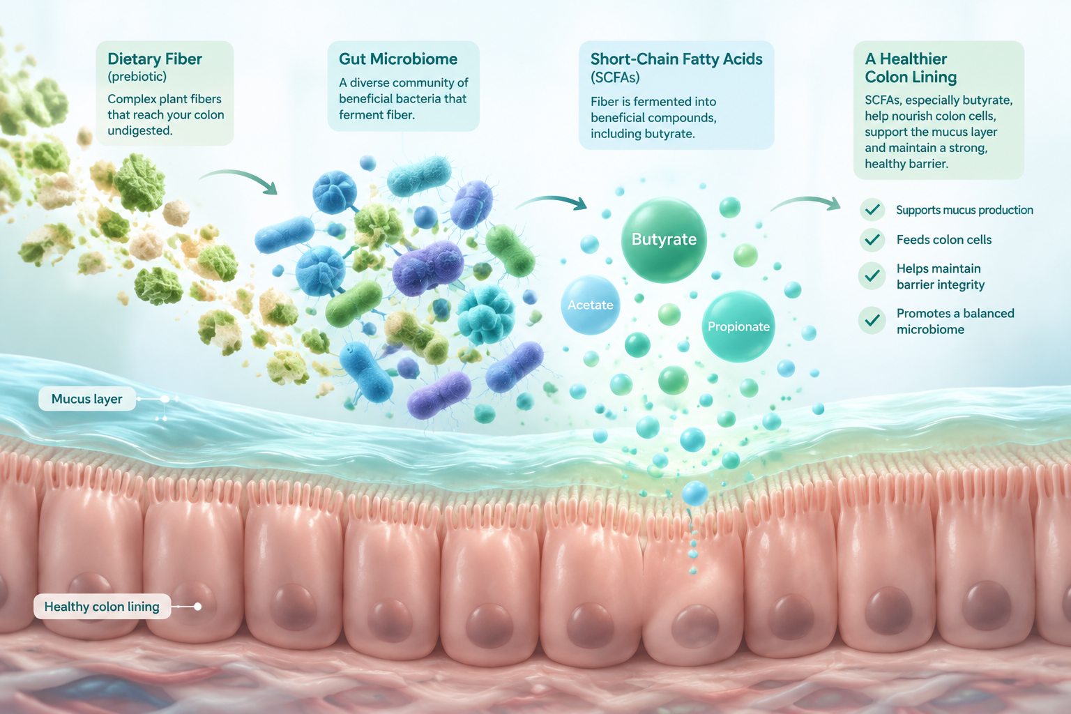 Colon bacteria fermenting fiber into short-chain fatty acids for gut health