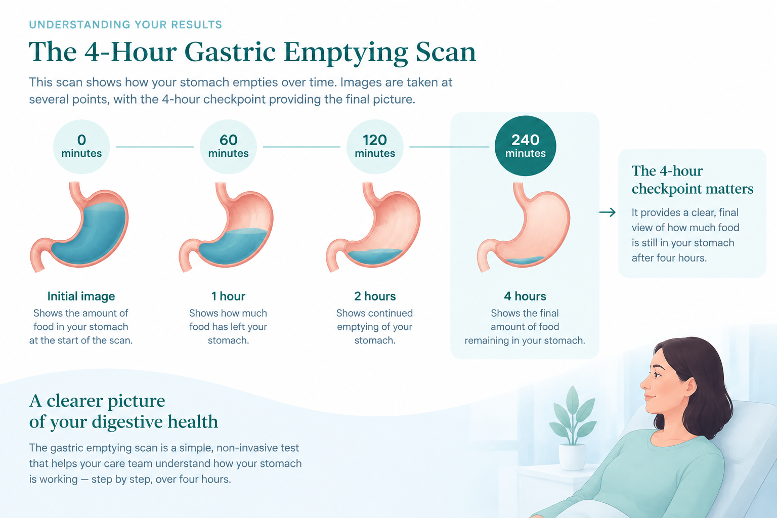 Four-hour gastric emptying scan timeline showing how stomach retention results are interpreted