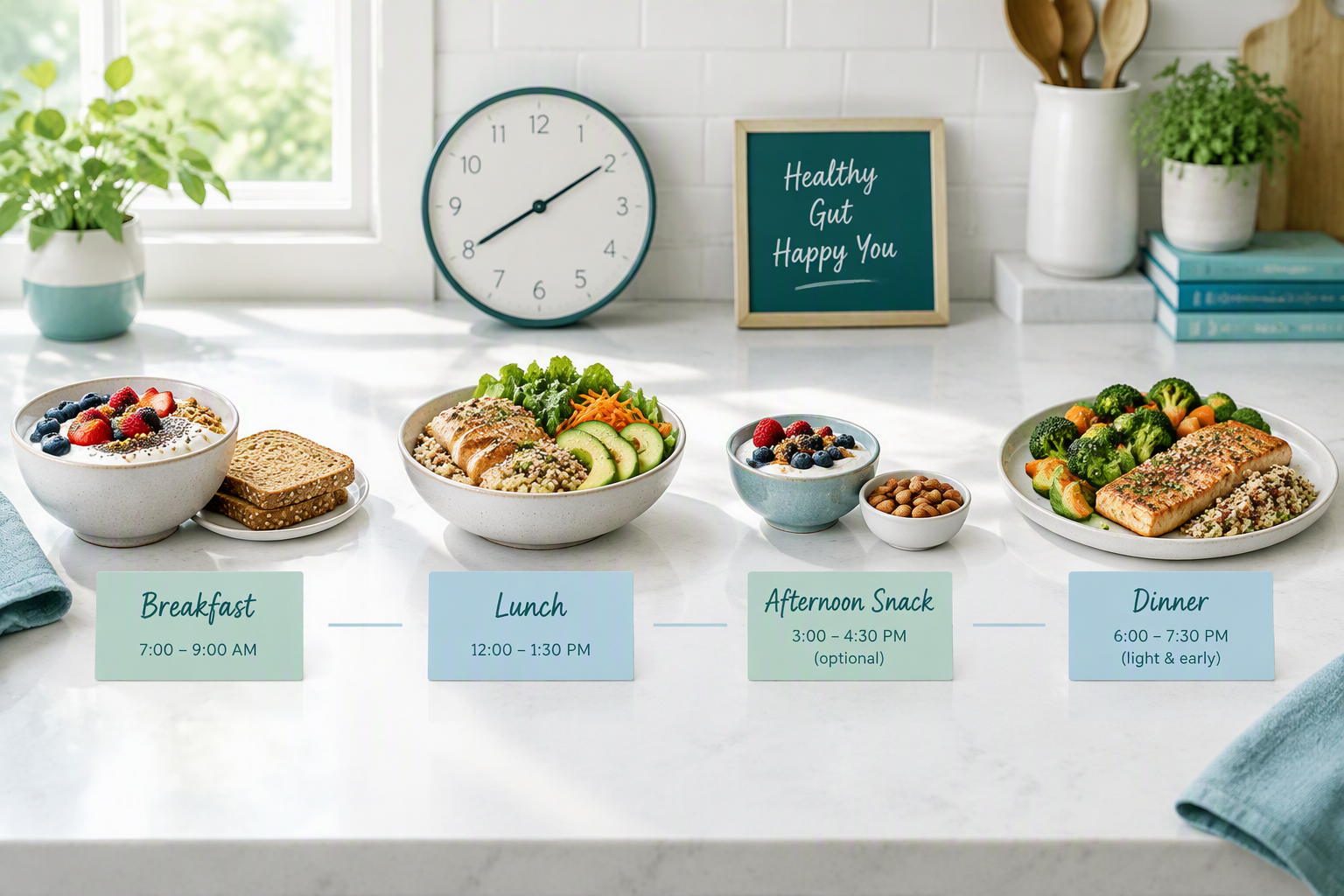 Gut-friendly eating schedule with balanced meals and healthy meal spacing