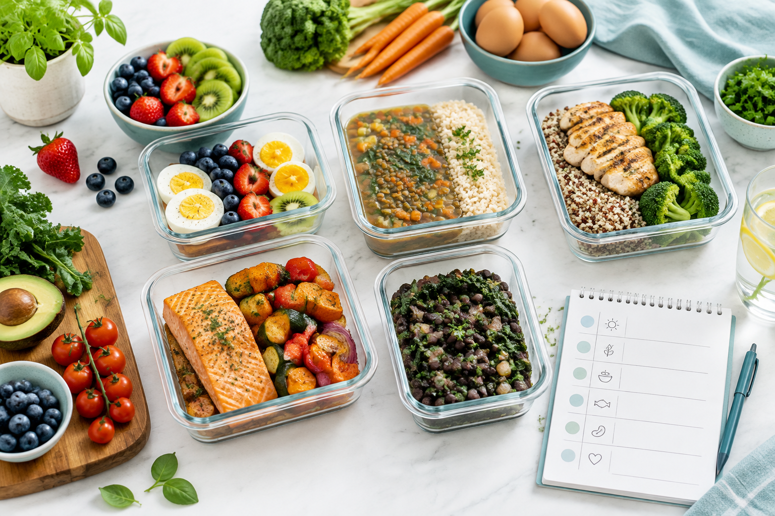 Gluten-free weekly meal prep with rice, quinoa, lentils, vegetables, eggs, and salmon