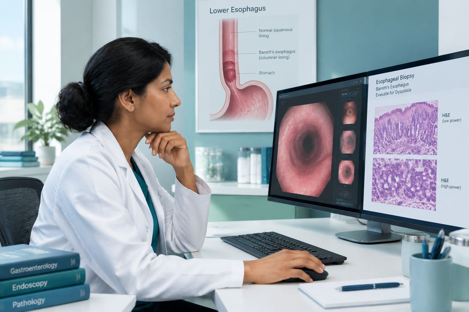 Clinician reviewing endoscopy and biopsy findings for Barrett’s esophagus