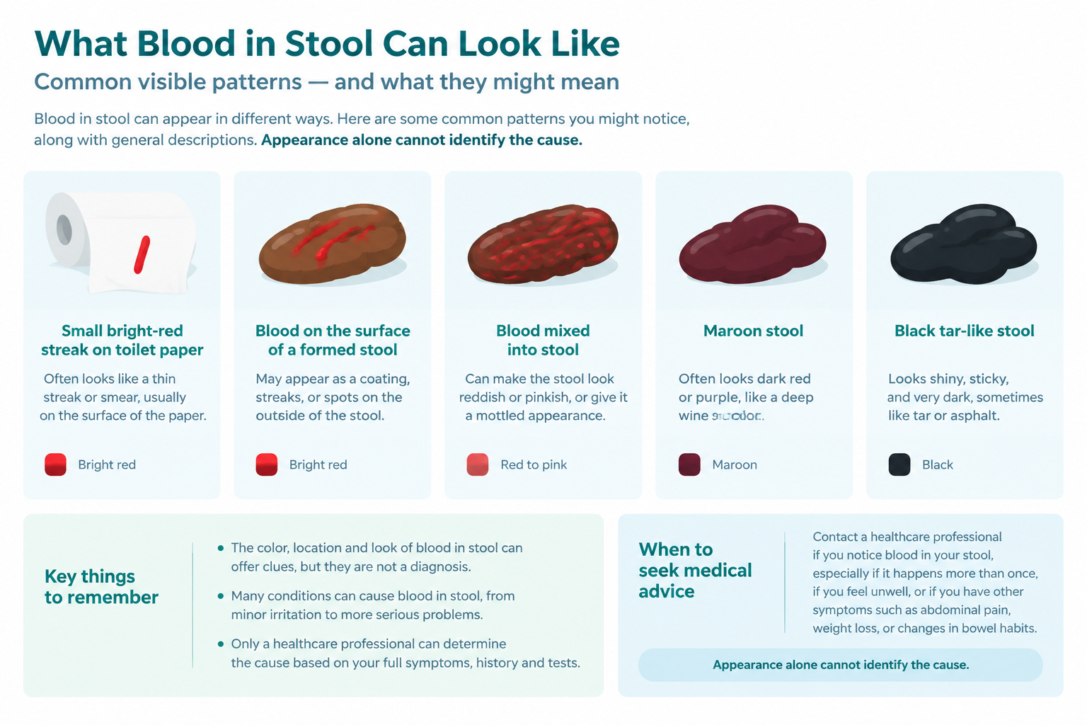 Non-graphic guide to bright red, maroon, and black blood in stool