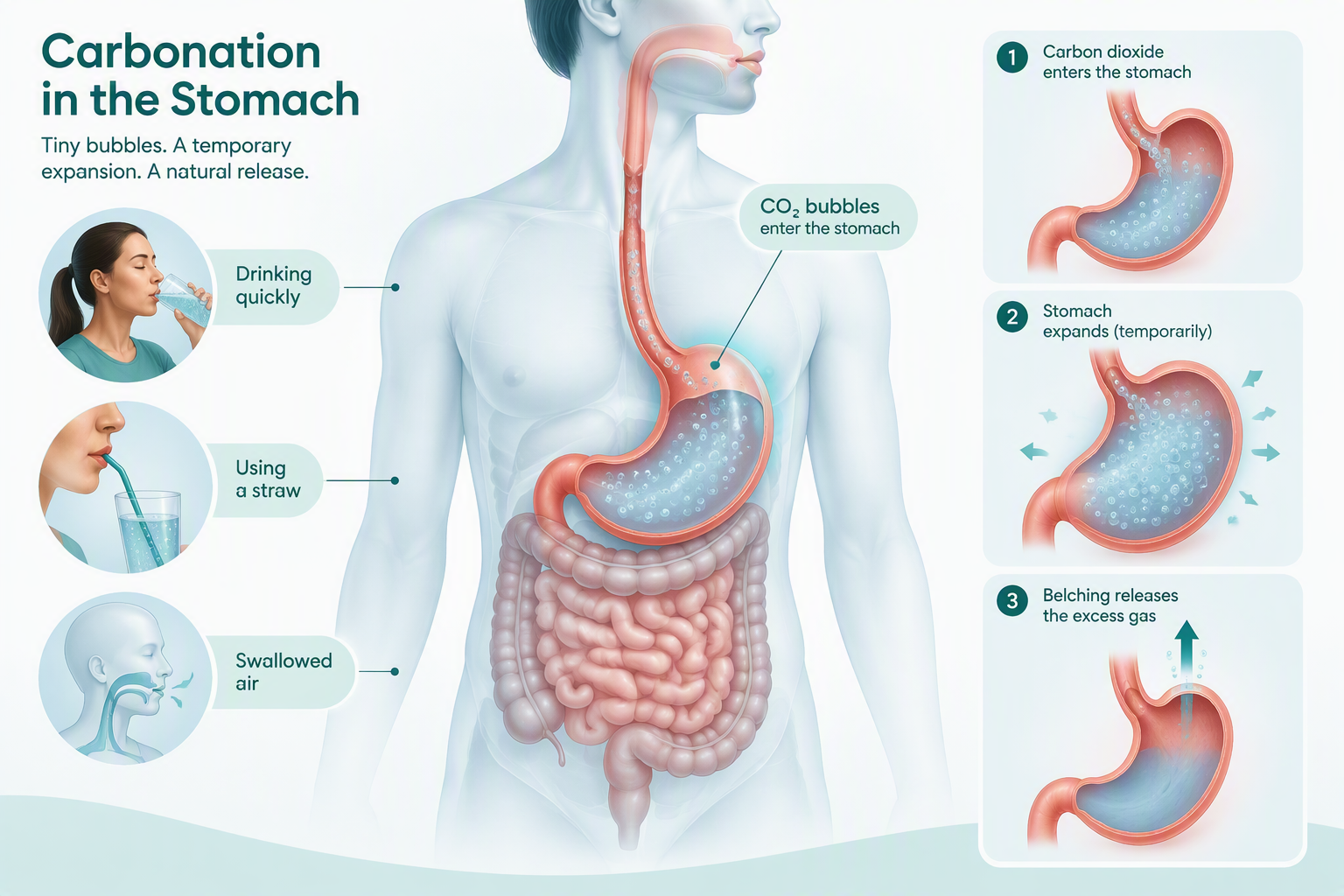 Illustration of carbonation causing stomach pressure, belching, and bloating