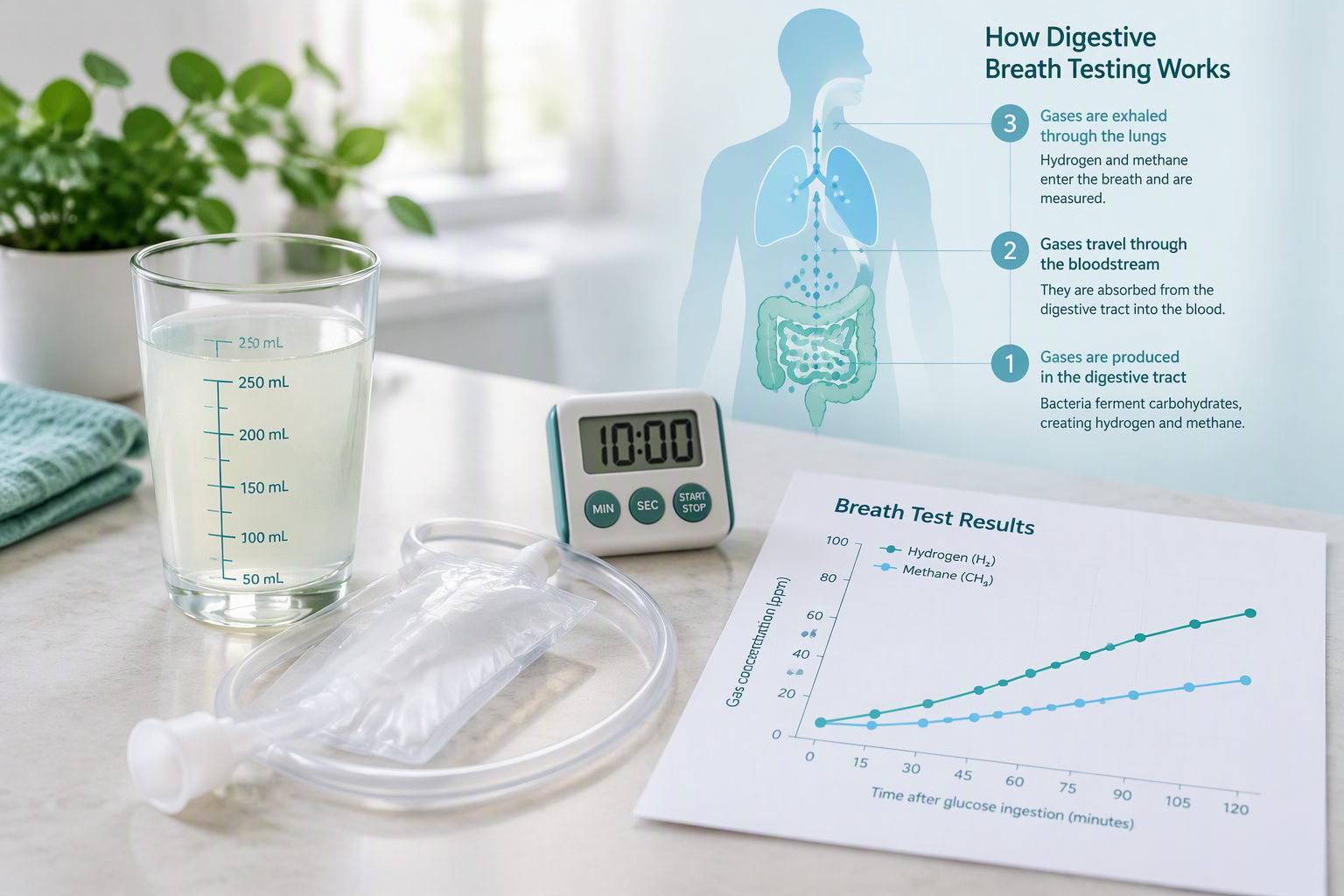 Digestive breath test measuring hydrogen and methane gases over time