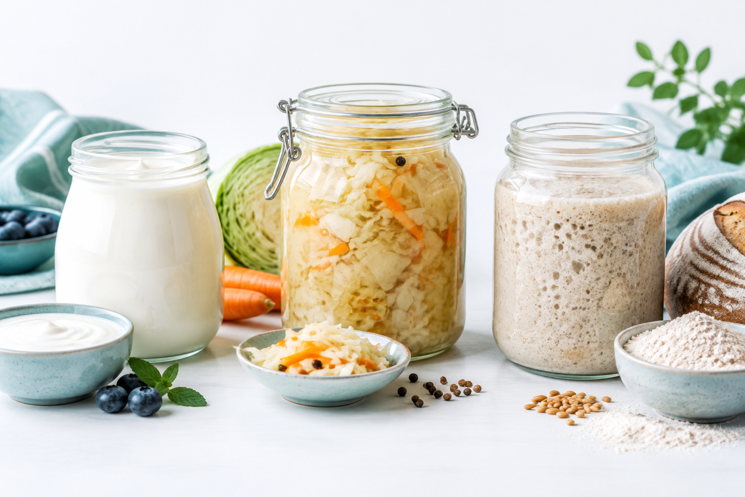 Fermentation process shown with yogurt, sauerkraut, sourdough starter, and fresh ingredients