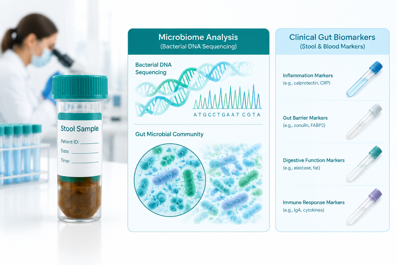 Stool microbiome analysis showing bacteria, DNA sequencing, and gut health biomarkers