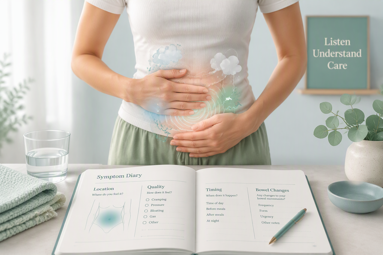 Illustration of IBS abdominal pain, bloating, gas, and symptom tracking