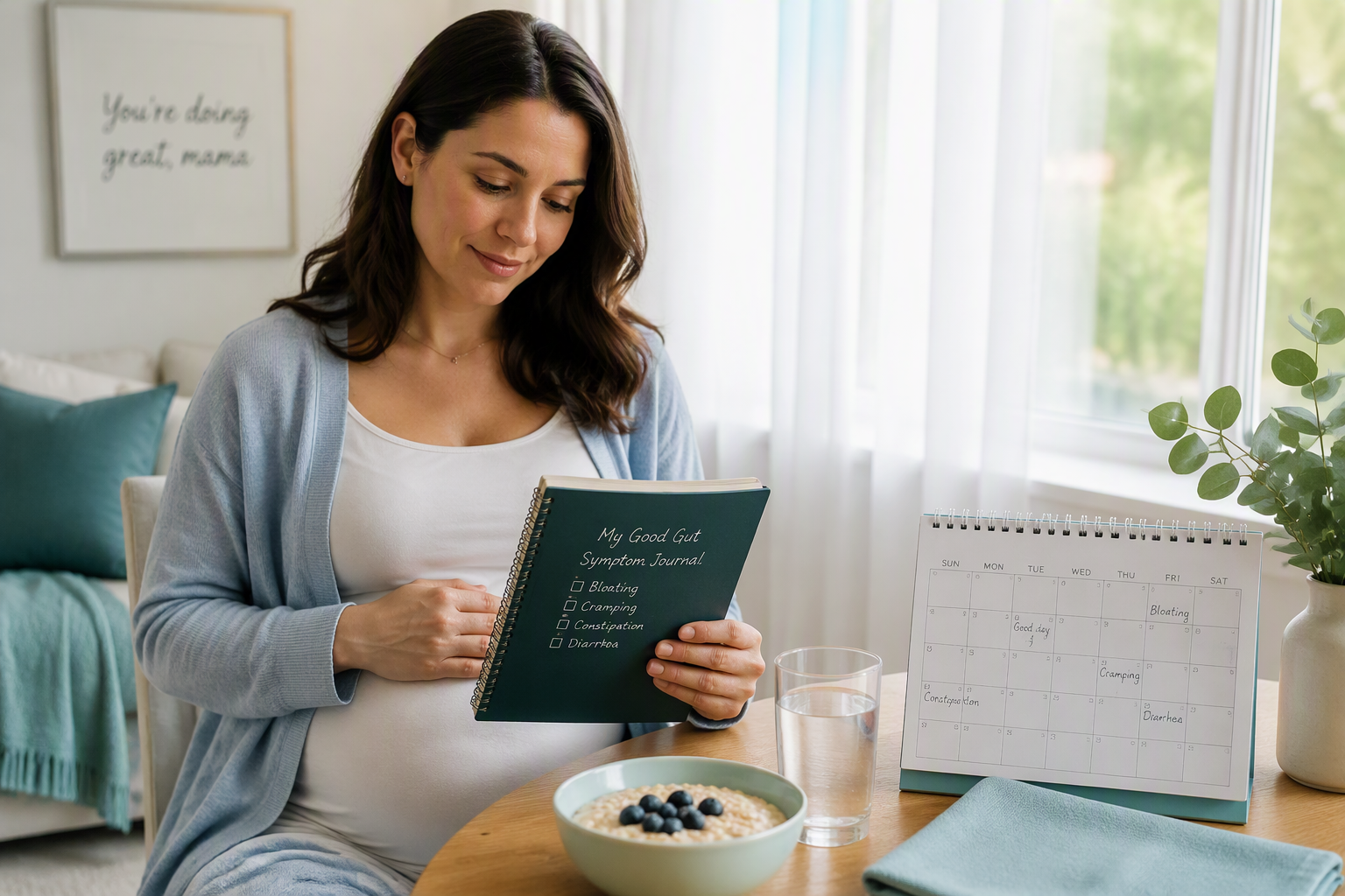 Pregnant adult tracking IBS bloating, cramping, constipation, and diarrhea