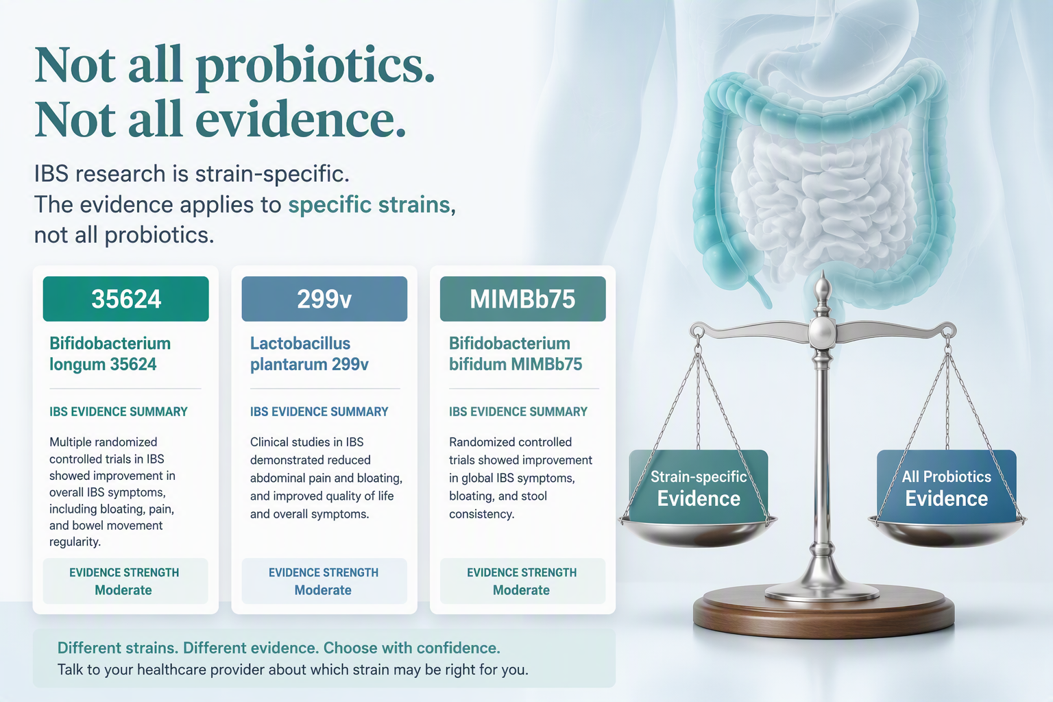 Strain-specific probiotic research and IBS evidence shown with digestive health visuals