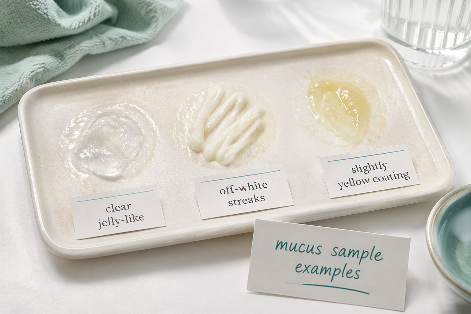 Illustrative samples of clear, white, and yellow mucus variations in stool