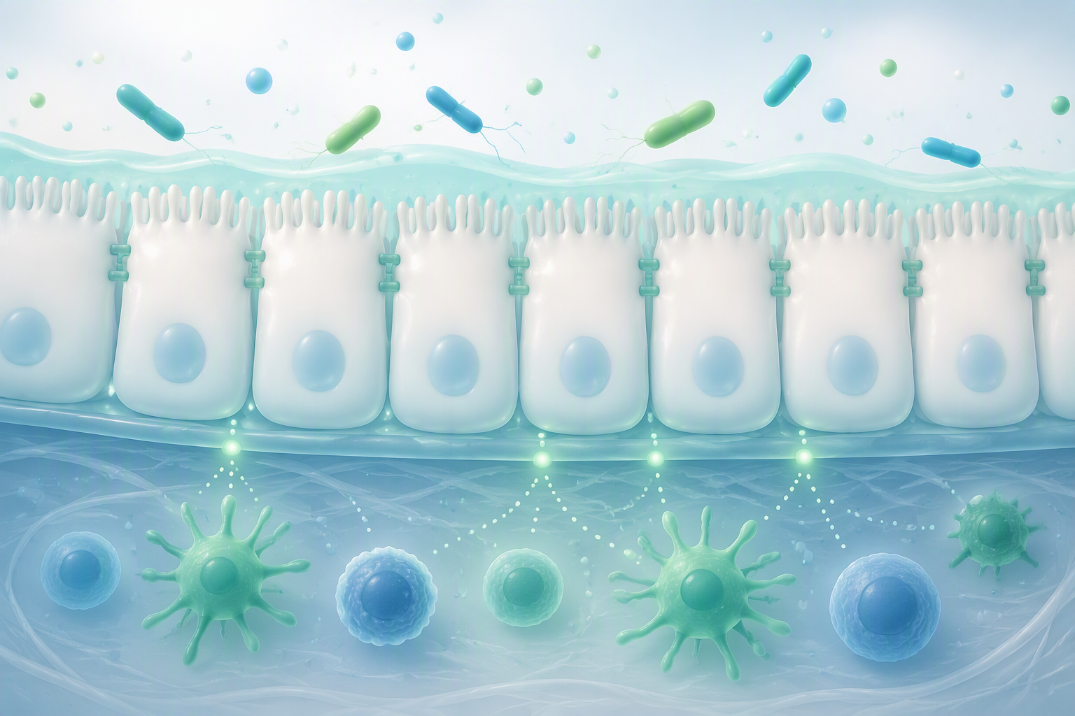 Illustration of probiotics interacting with the intestinal lining and immune cells