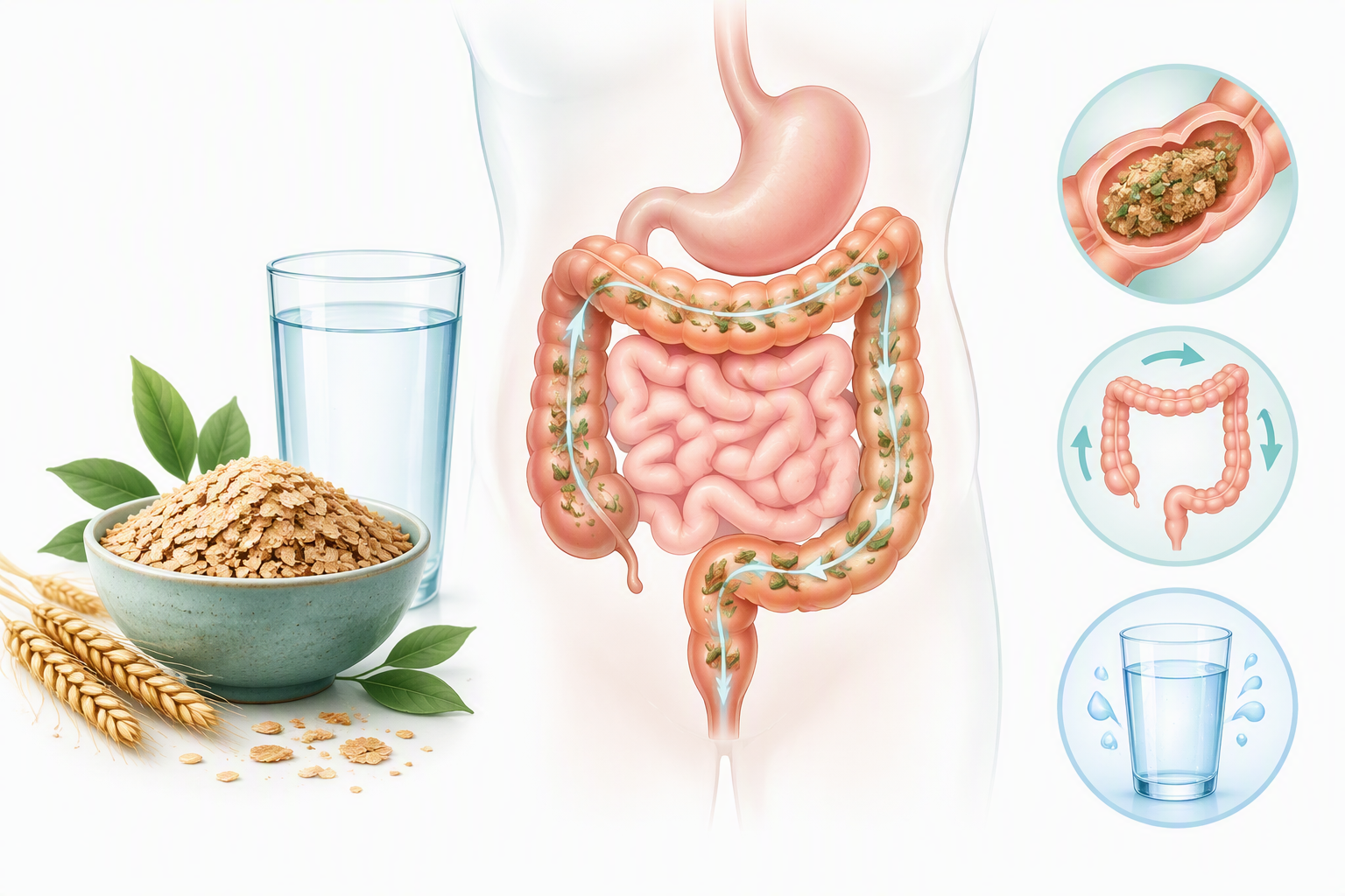 Illustration of insoluble fiber supporting stool bulk, hydration, and digestion
