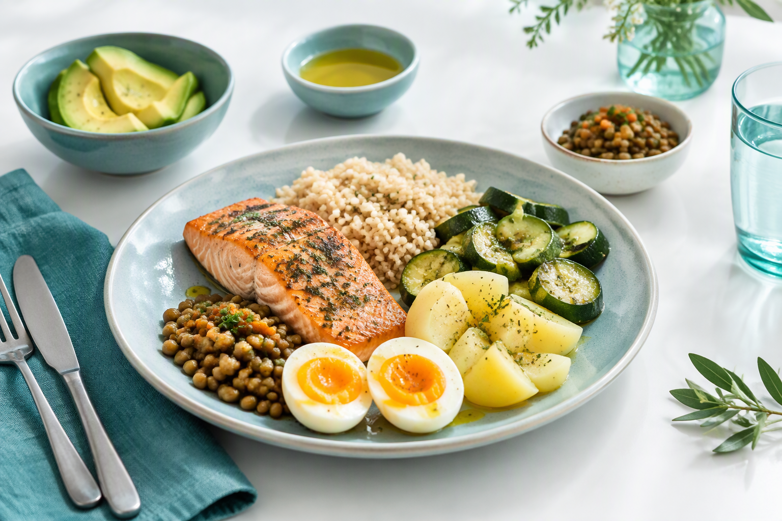 Mediterranean-style IBD diet with salmon, vegetables, rice, and olive oil
