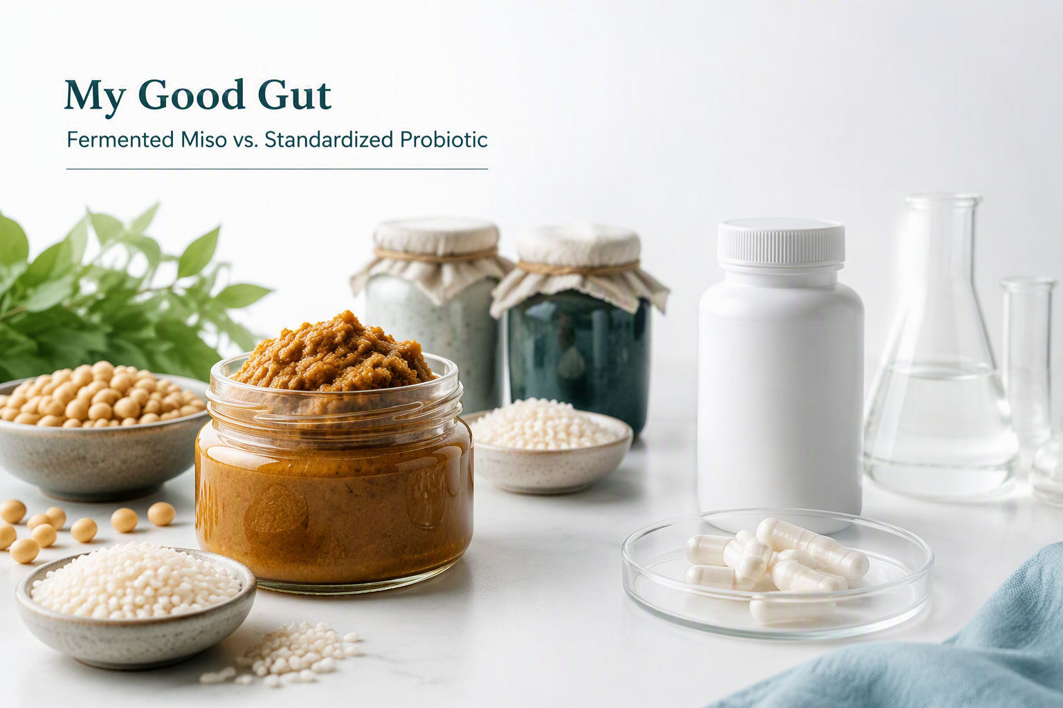 Miso fermented food with soybeans, koji, and live cultures compared with a probiotic