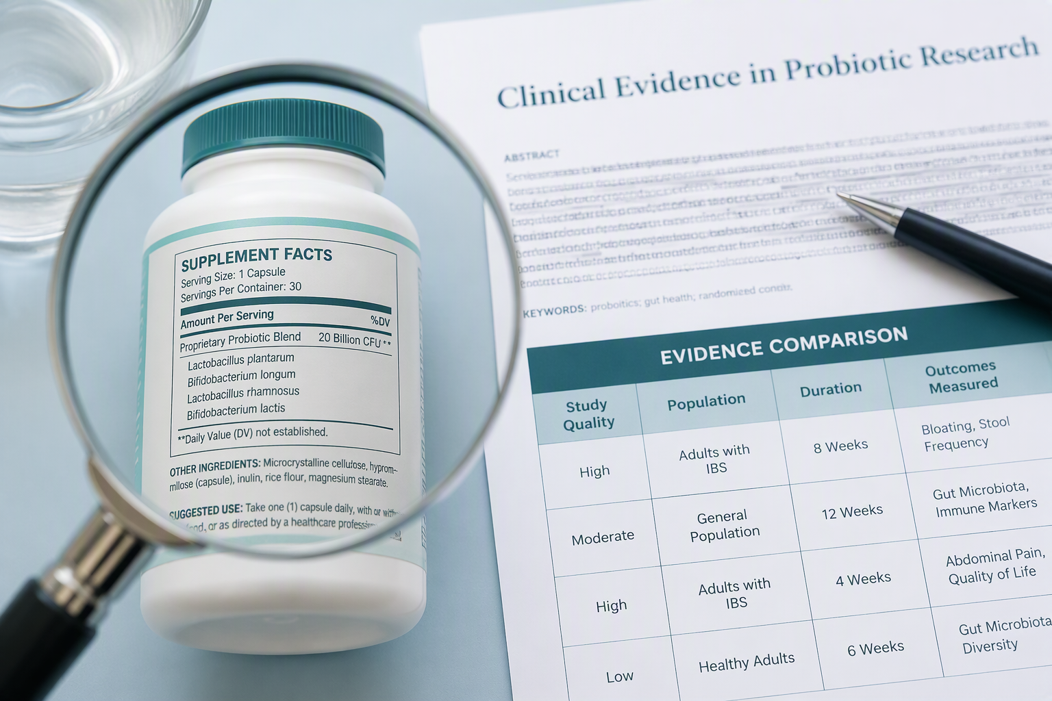 Close-up of probiotic strain label and research notes about SIBO evidence
