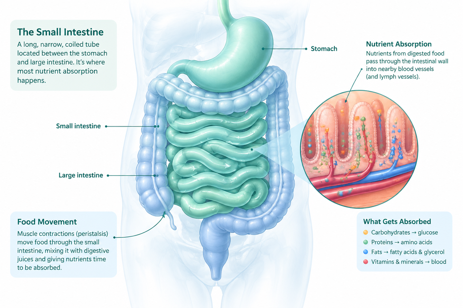 Small intestine function and nutrient absorption in the digestive system