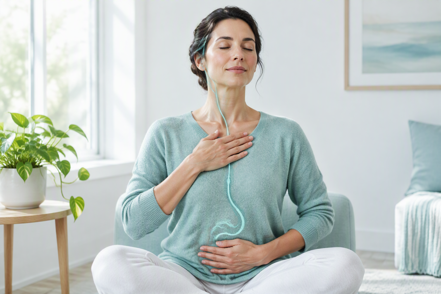 Diaphragmatic breathing supporting the vagus nerve and a calmer stressed gut