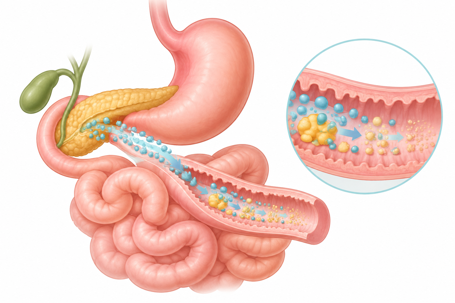Pancreas releasing digestive enzymes into the small intestine in exocrine pancreatic insufficiency