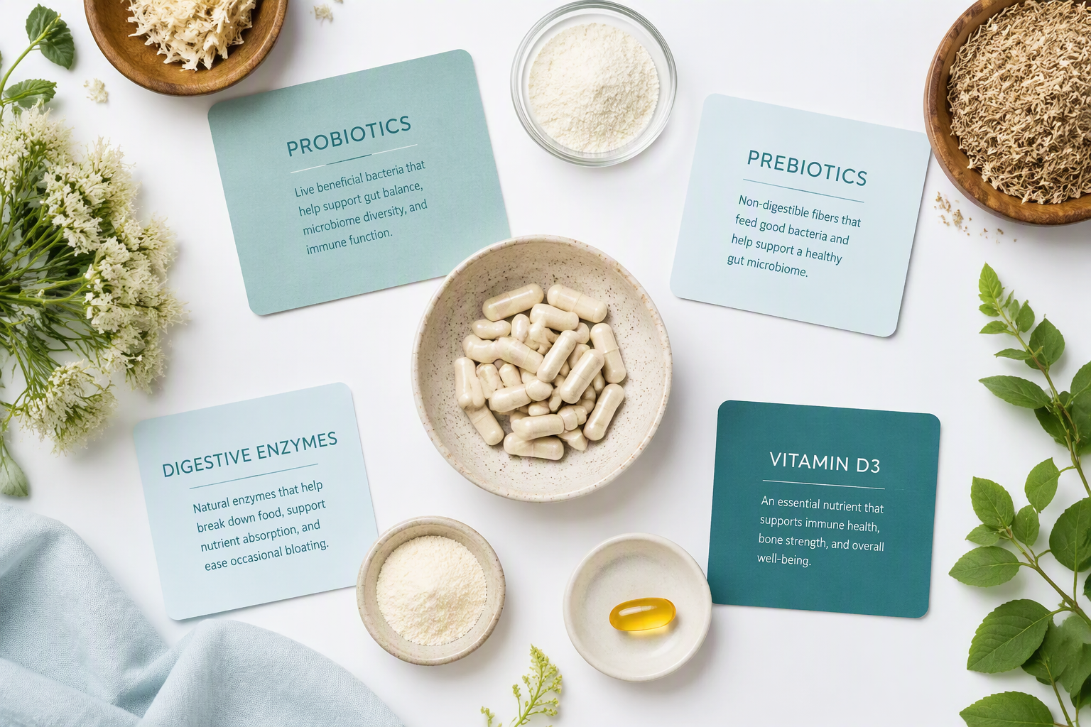 YourBiology Gut+ formula with probiotics, prebiotics, enzymes, and vitamin D3