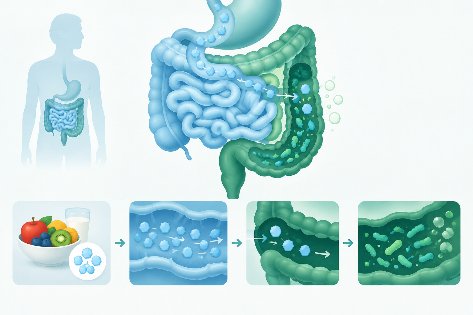 Fructose malabsorption diagram showing unabsorbed fructose reaching the colon