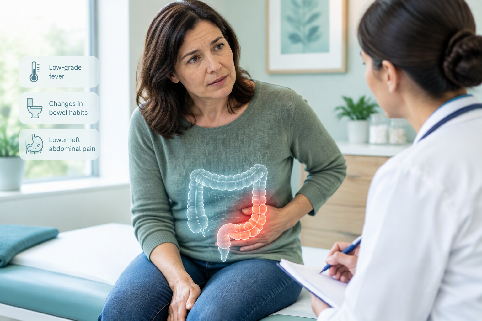 Diverticulitis flare illustration showing lower-left abdominal pain and sigmoid colon inflammation